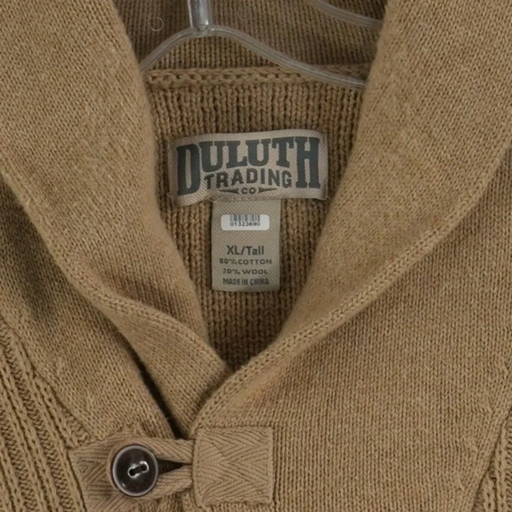 Duluth Trading Co Sweater Mens Size XLT Tall Tan Cotton Wool Ribbed Shawl Collar